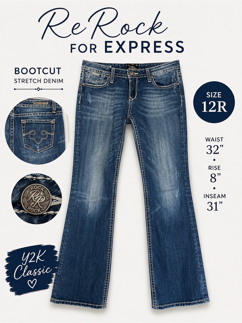 ReRock for Express Bootcut Jeans Women’s 12R Medium Wash Y2K Low Rise
